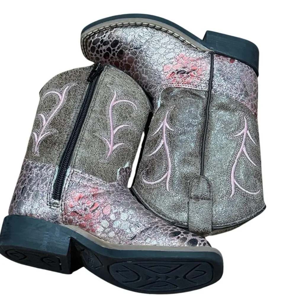 Old West Girls Pink Western Cowboy Boots Square Toe Side Zip Size 8C VB1054